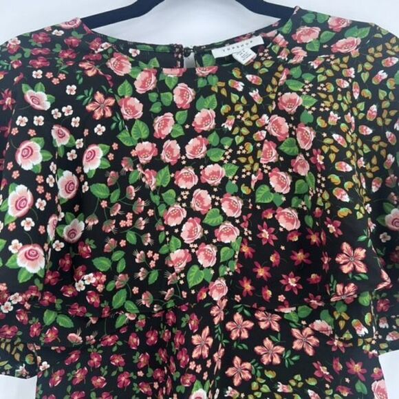 Topshop Women's Capelet Short Sleeve Floral Print Ruffle Top Blouse Black Size 4 - Picture 6 of 13